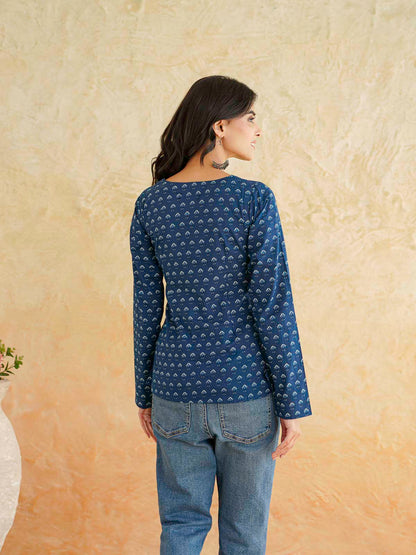 Full Sleeve Cotton Printed Classic Vee Top Indigo Booty