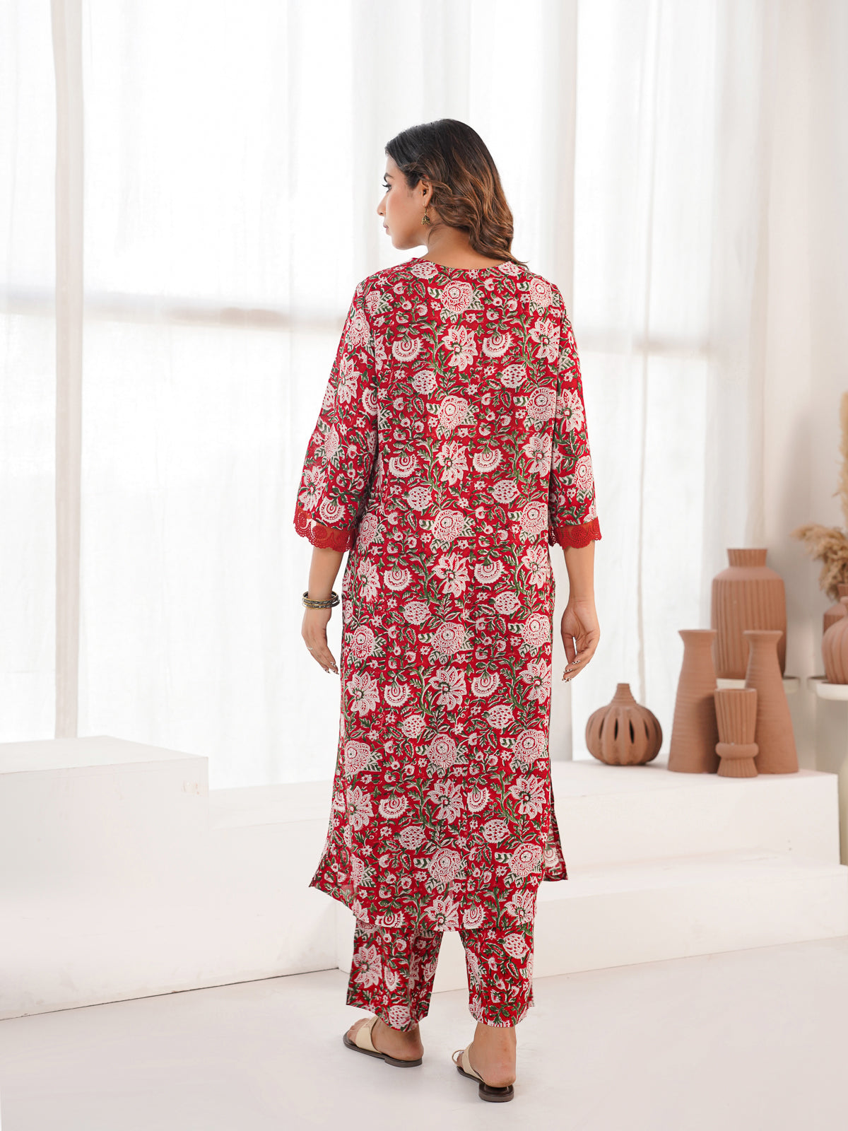 Block Printed Cotton Kurta Pant Bagiya Set Red Flower