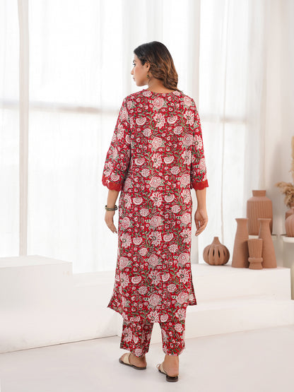 Block Printed Cotton Kurta Pant Bagiya Set Red Flower