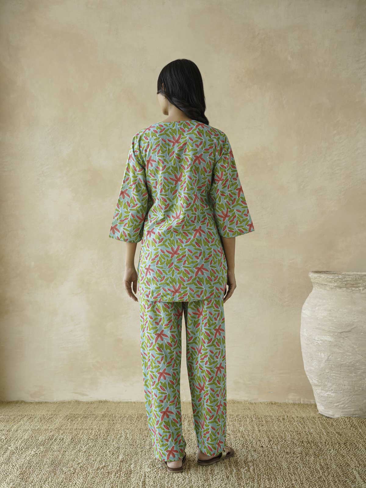 Cotton Printed Lounge Wear Coord Set Green Patti