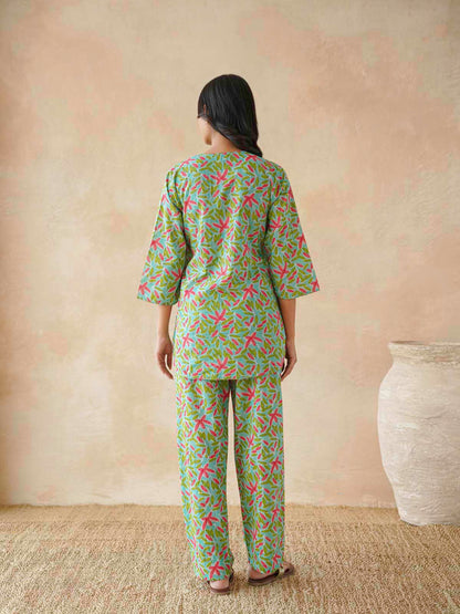 Cotton Printed Lounge Wear Coord Set Green Patti