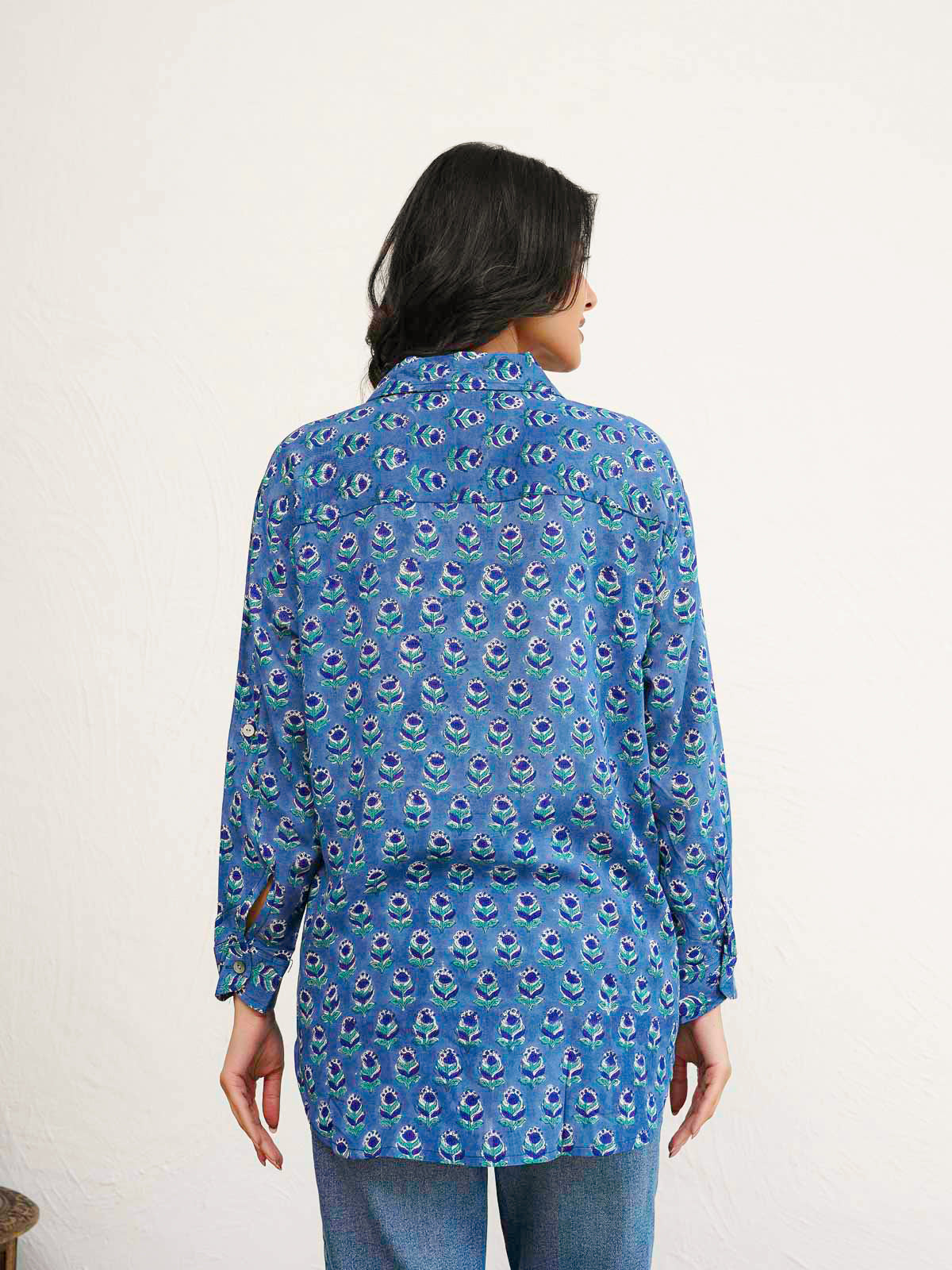 Block Printed Cotton Meher Shirt Blue Booty
