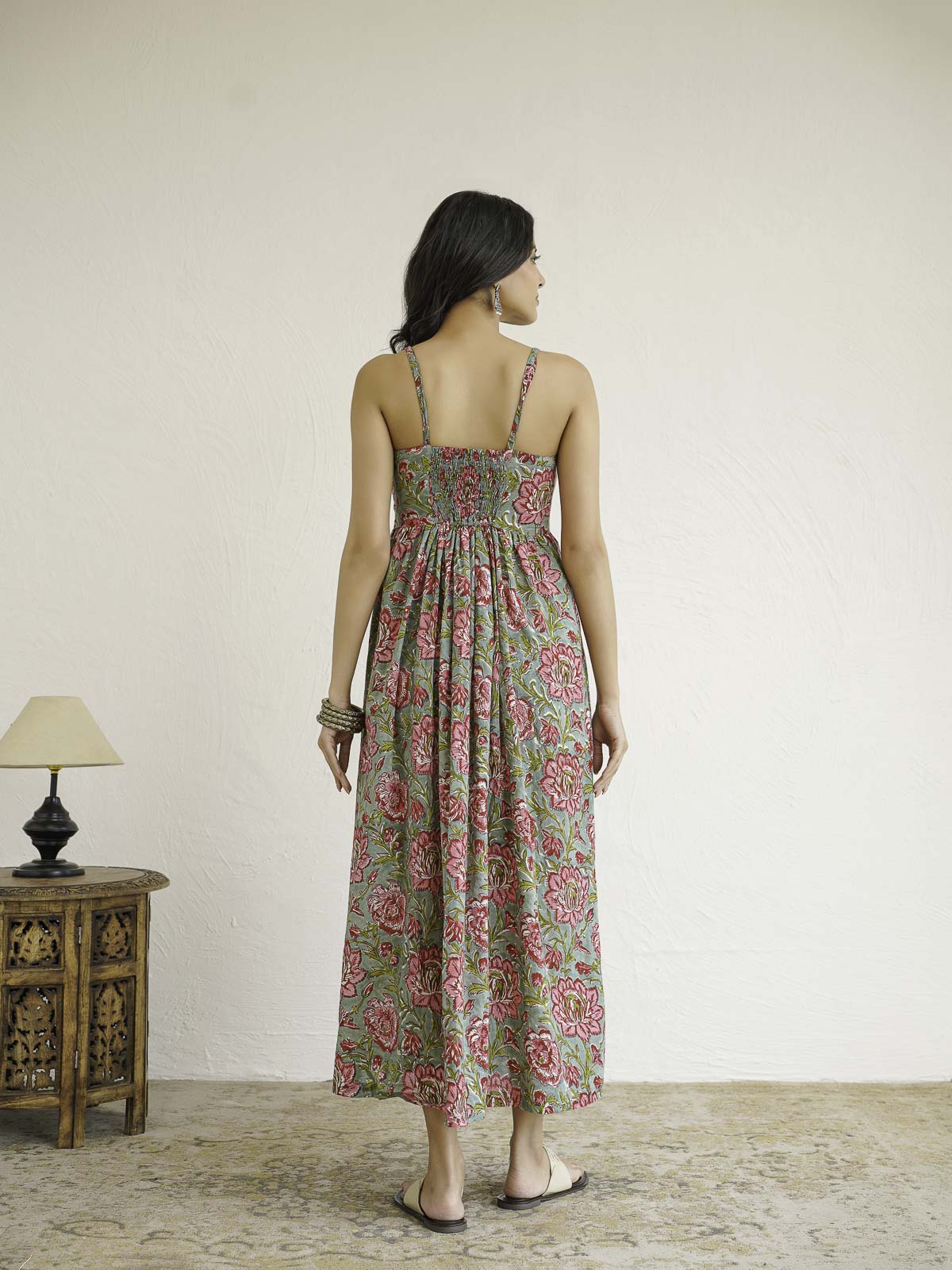 V-Neck Long Strappy Dress Green Flower