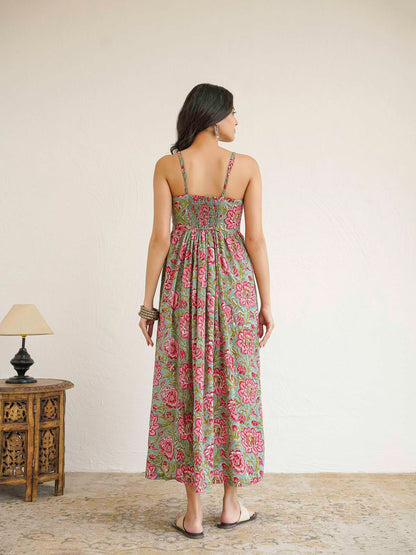 V-Neck Long Strappy Dress Green Flower