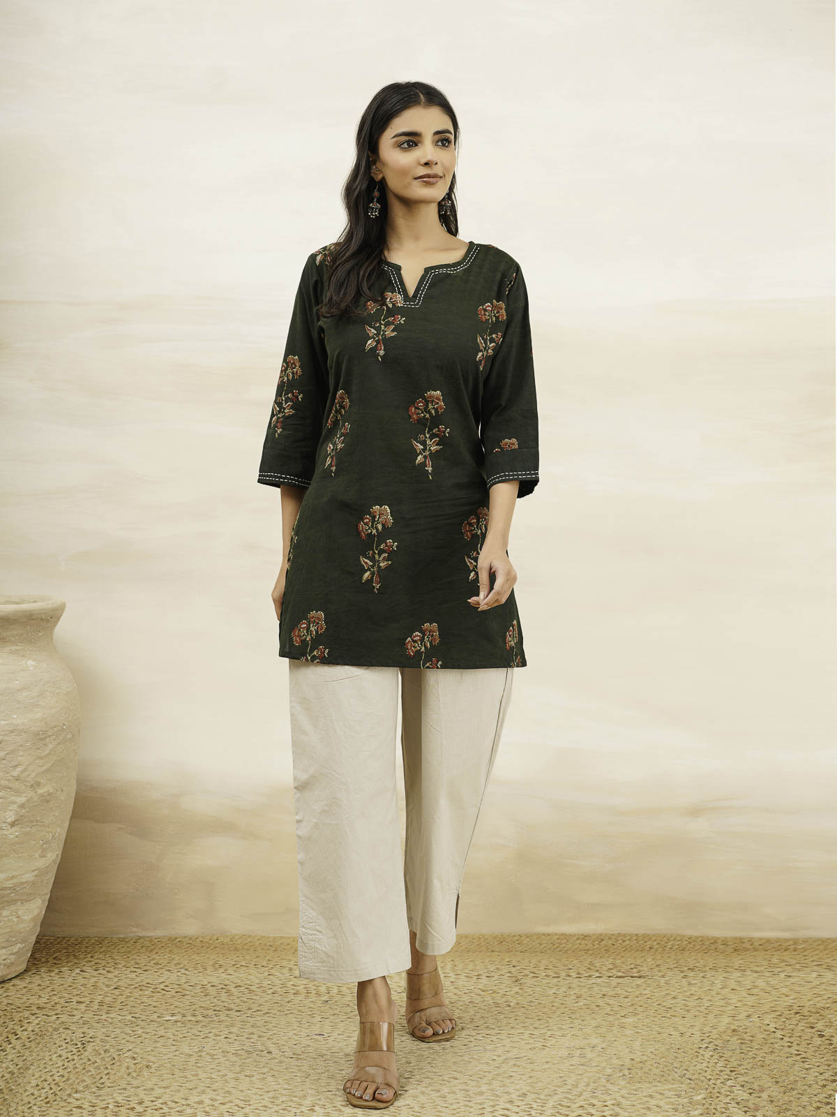 Cotton Printed Kantha Kurta Green Patti