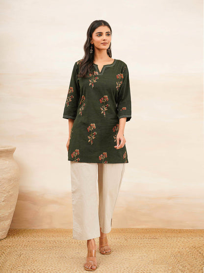 Cotton Printed Kantha Kurta Green Patti