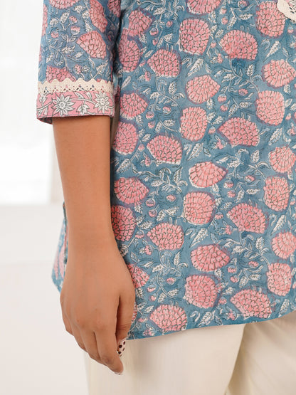 Block-Printed Cotton Zoya Kurti Grey Booty