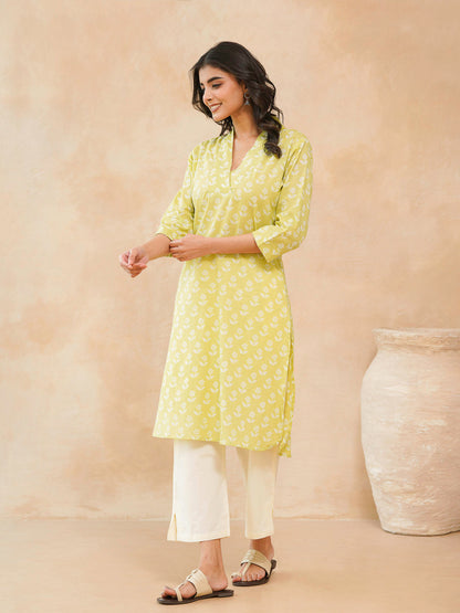 Cotton Printed Straight Kurta Yellow
