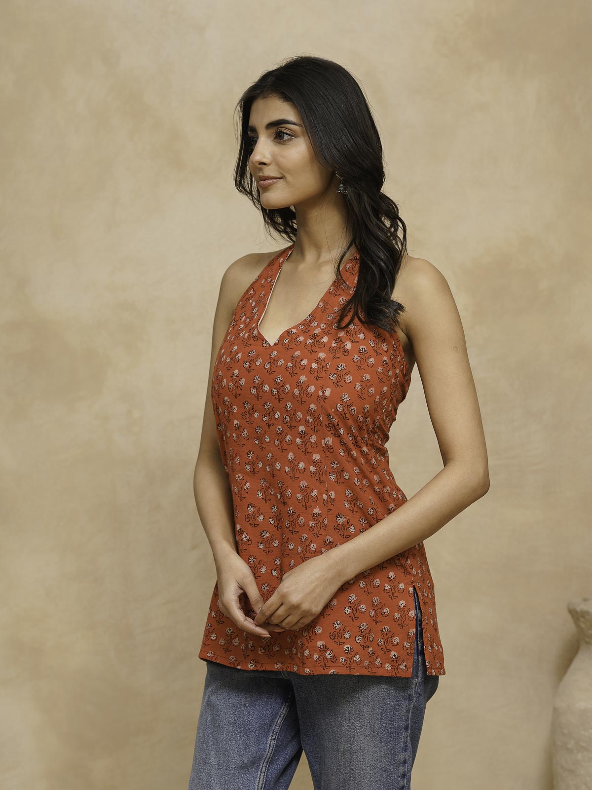 Cotton Printed Stylish Halter Tie-Up Kurti Orange