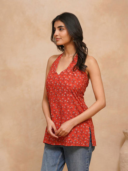 Cotton Printed Stylish Halter Tie-Up Kurti Orange