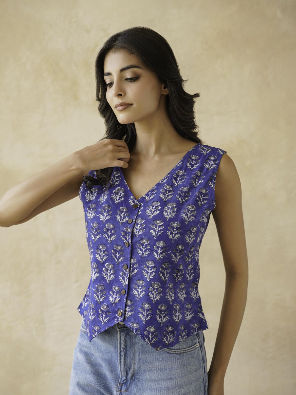 Sleeveless Cotton Block Printed Kothi Top Royal Blue