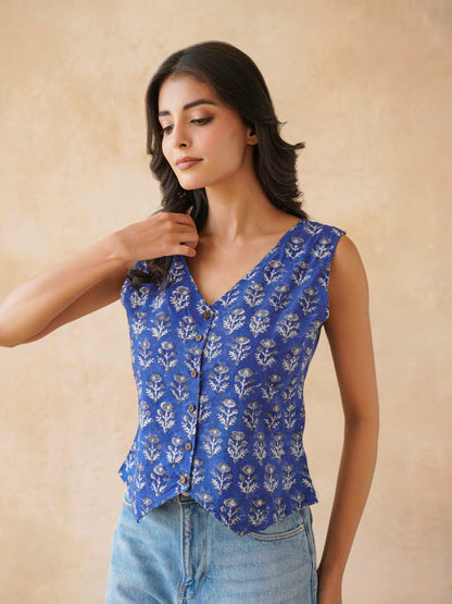Sleeveless Cotton Block Printed Kothi Top Royal Blue