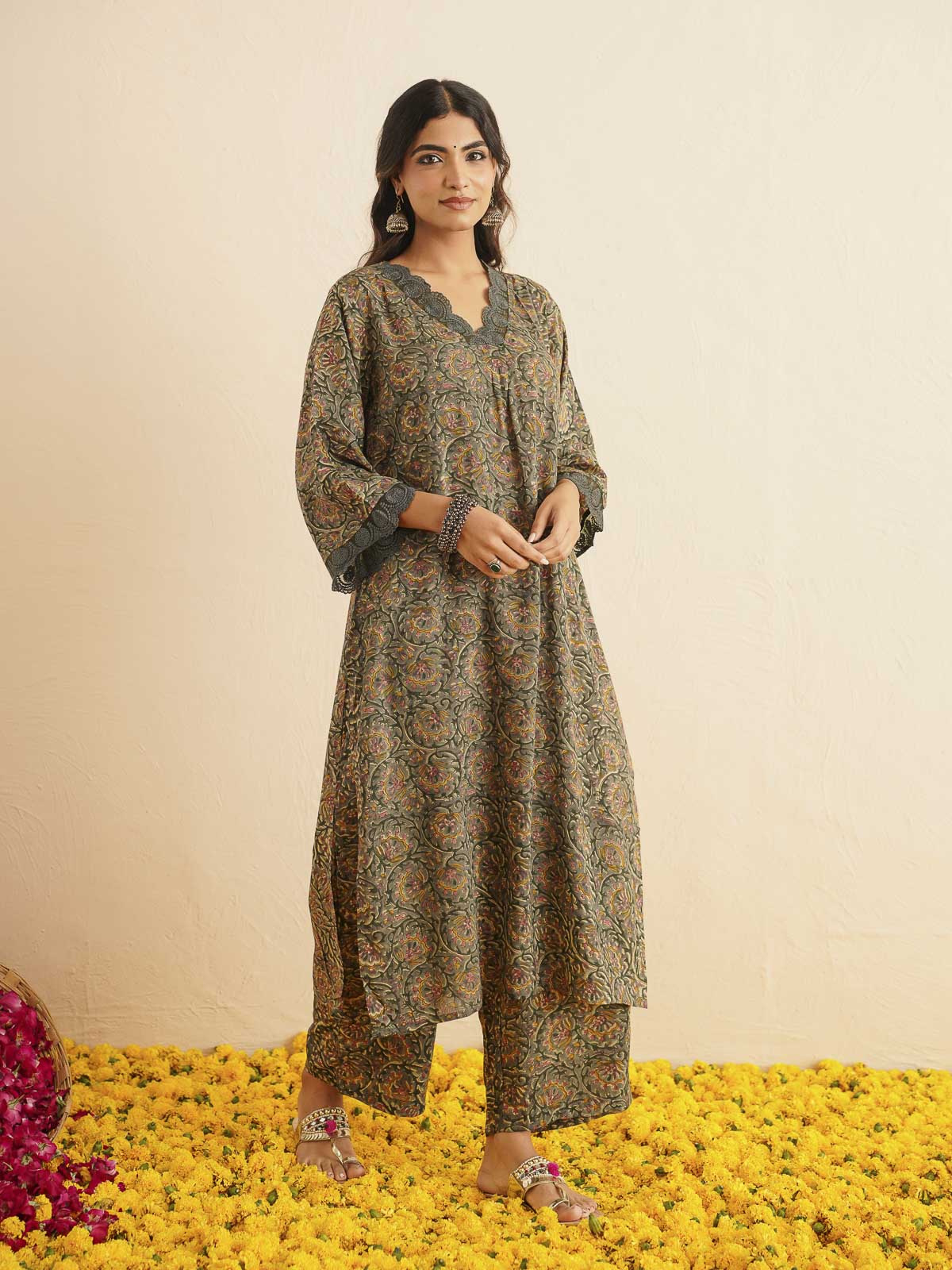 Block Printed Cotton Kurta Pant Bagiya Set Forest Green