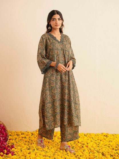 Block Printed Cotton Kurta Pant Bagiya Set Forest Green