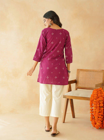 Cotton Printed Kantha Kurta Purple