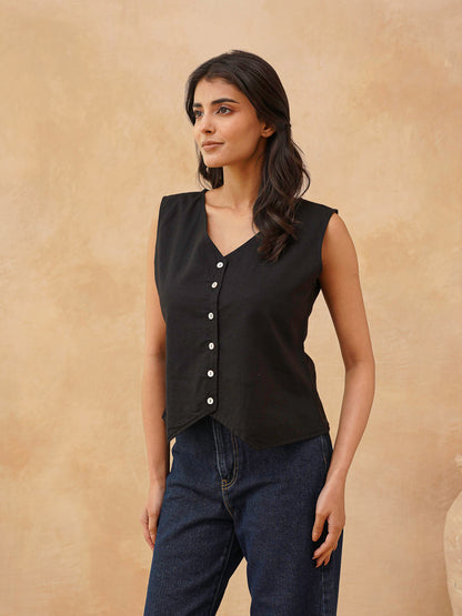 Classic Linen Vest For Women Black