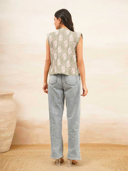 Cotton Printed Crop Sleeveless Quilted Jacket Green