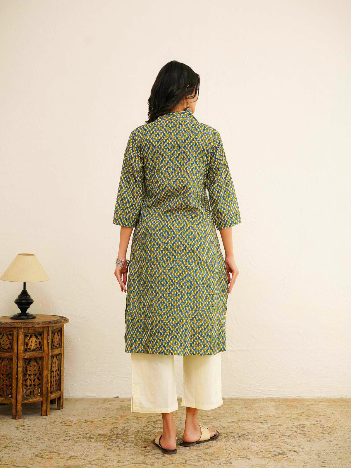 Cotton Printed Straight Kurta Green Bndhej