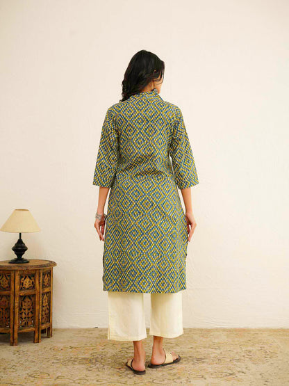 Cotton Printed Straight Kurta Green Bndhej