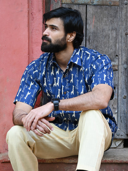 Men's Relaxed Fit Cotton Shirt – Half Sleeves - Blue Giraffe