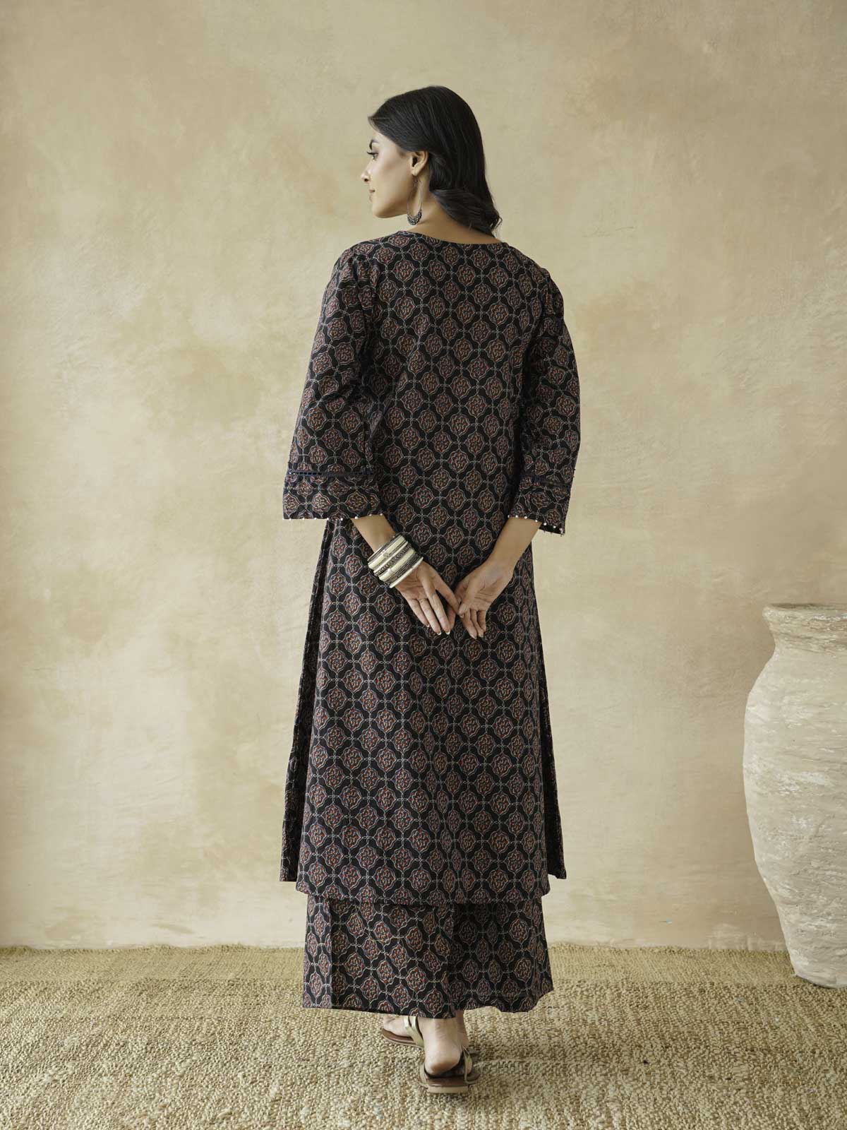 Cotton Printed Aline Kurta Set For Women Black