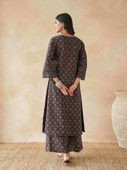 Cotton Printed Aline Kurta Set For Women Black