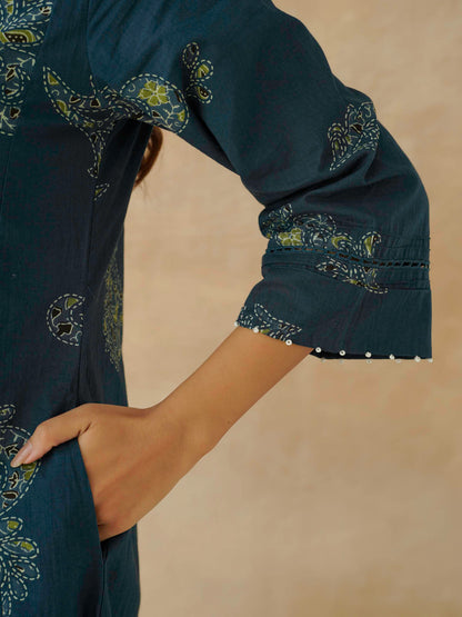 Cotton Printed Aline Geet Kurta Set For Women Indigo