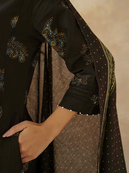 Cotton Printed Aline Geet Kurta Set For Women Choco Brown
