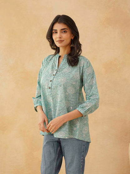 Cotton Printed Everyday Tunic Top For Women Green