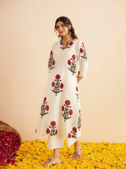 Cotton Printed Kantha Style Set For Women White