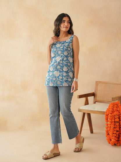 Cotton Printed Stylish Backless Tie-Up Kurti Drak Blue