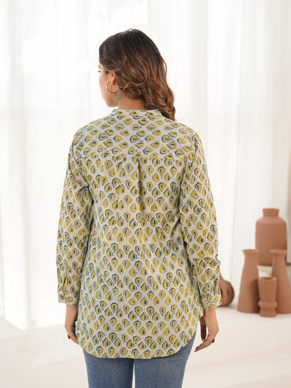 Cotton Printed Top For Women Yellow Leaf