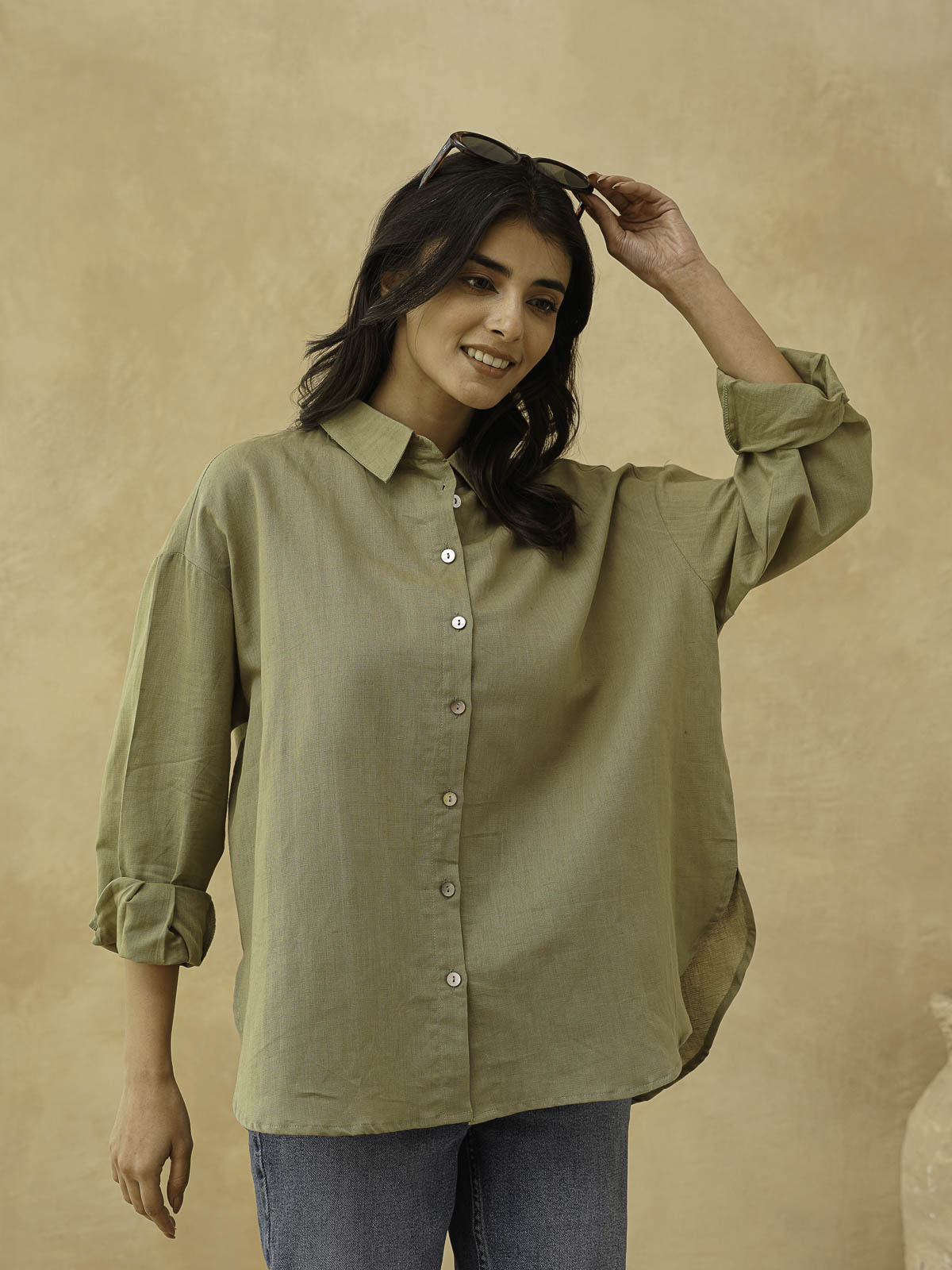 Classic Linen Shirt For Women Green