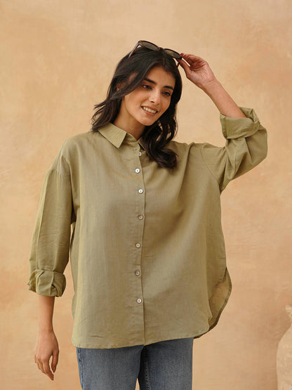 Classic Linen Shirt For Women Green