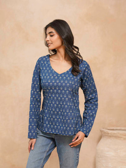 Full Sleeve Cotton Printed Classic Vee Top Blue Indigo Flower
