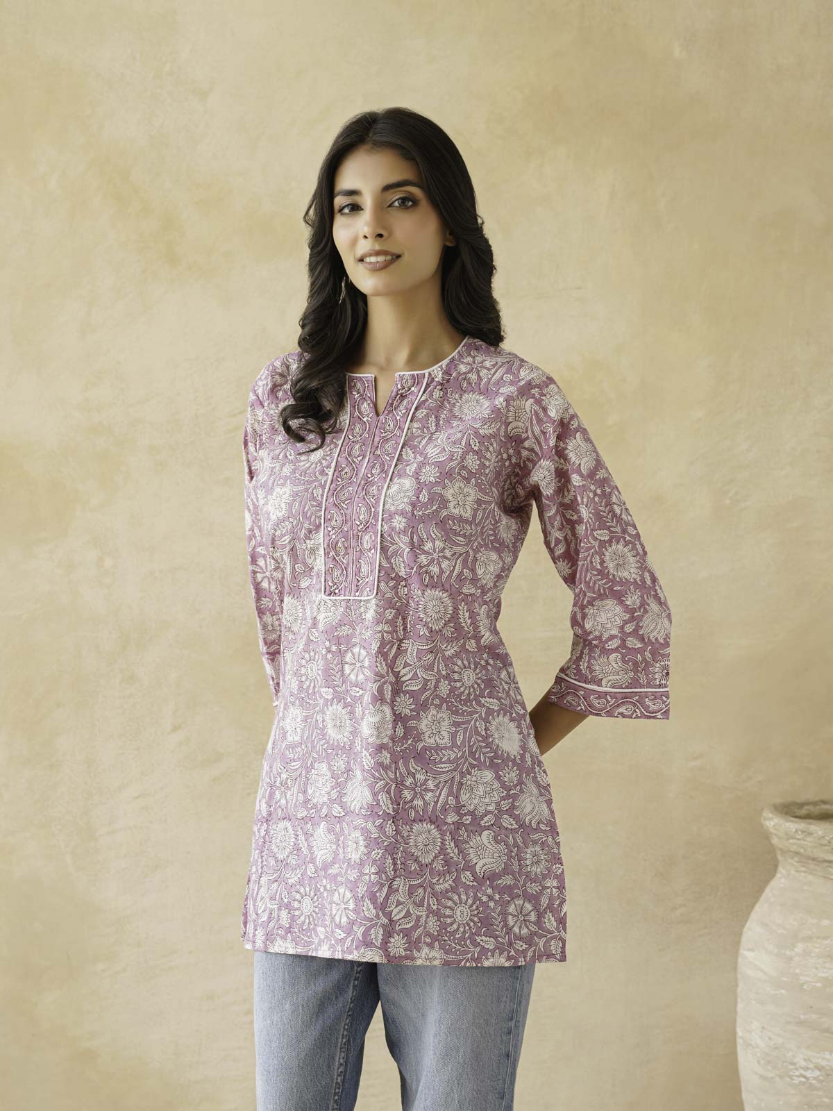 Cotton Printed Sequin Short Kurti For Women Purple