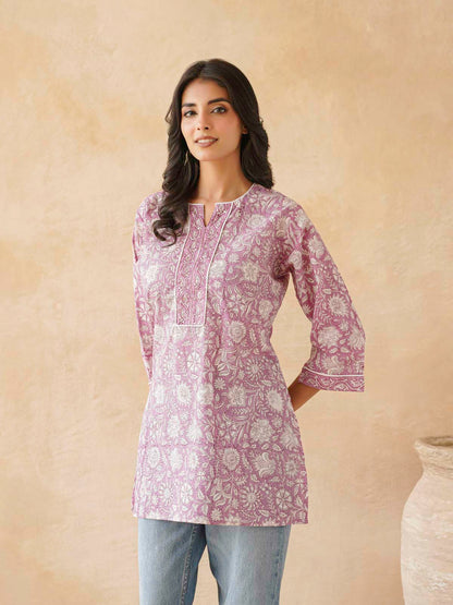 Cotton Printed Sequin Short Kurti For Women Purple