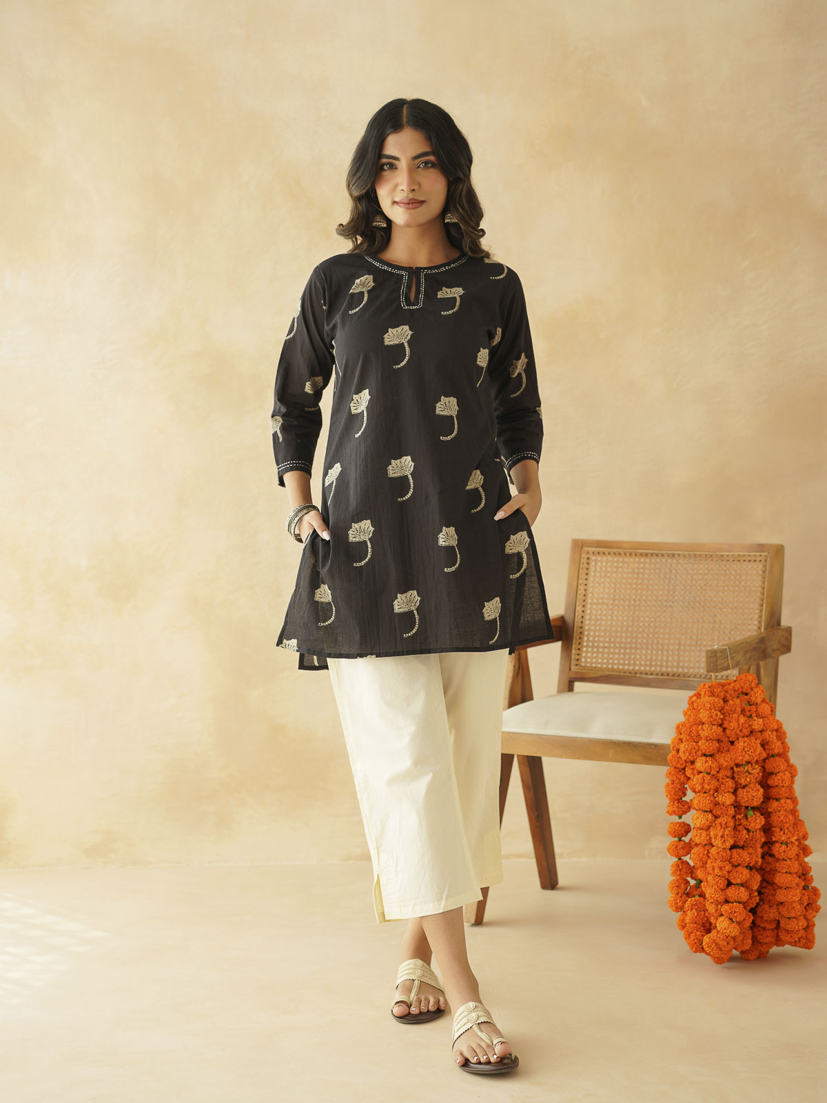 Cotton Printed Kantha Kurta Black