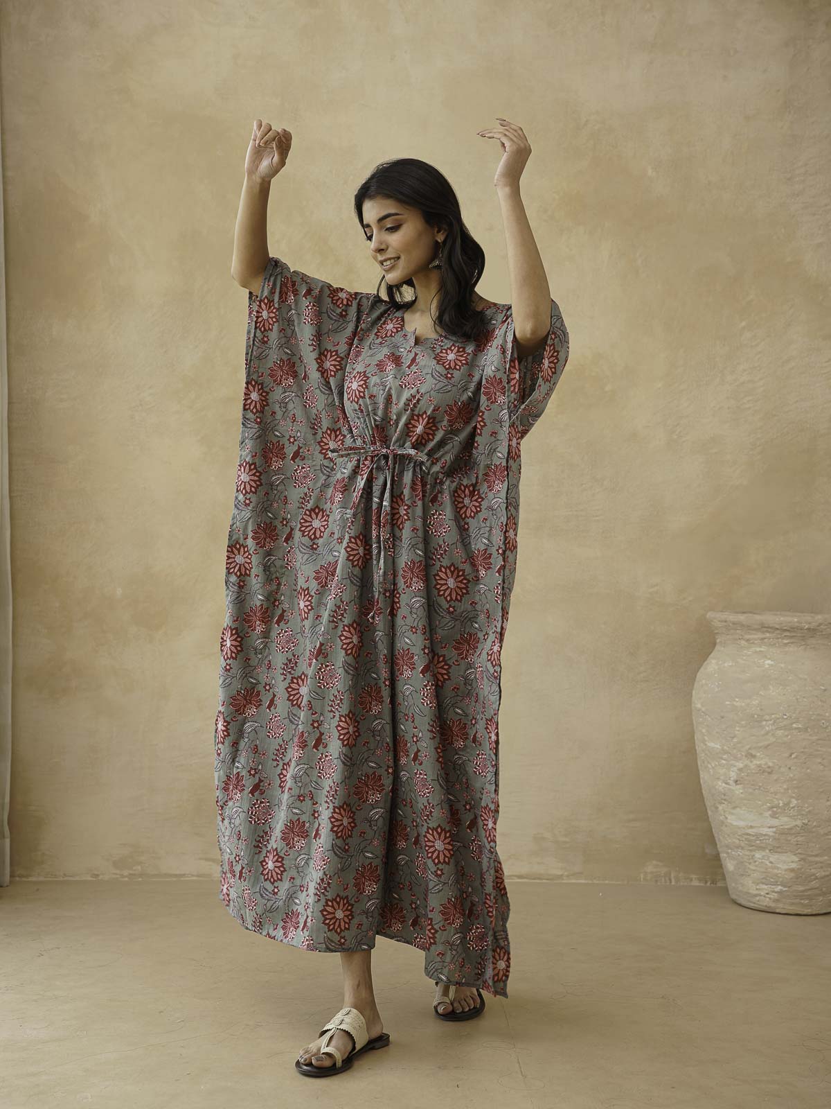 Block-Printed Cotton Long Kaftan Grey
