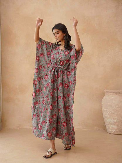 Block-Printed Cotton Long Kaftan Grey
