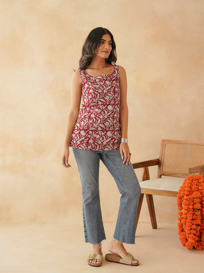 Cotton Printed Stylish Backless Tie-Up Kurti Red