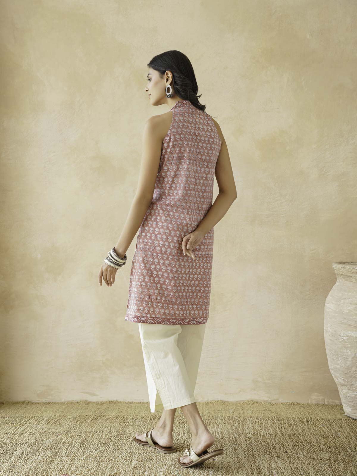 Sleeveless Cotton Halter Neck Kurti Dusty Pink