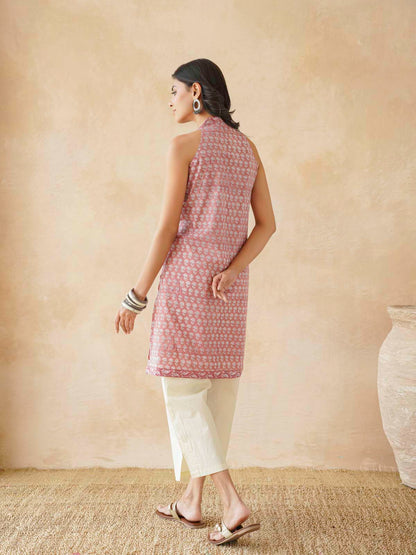 Sleeveless Cotton Halter Neck Kurti Dusty Pink