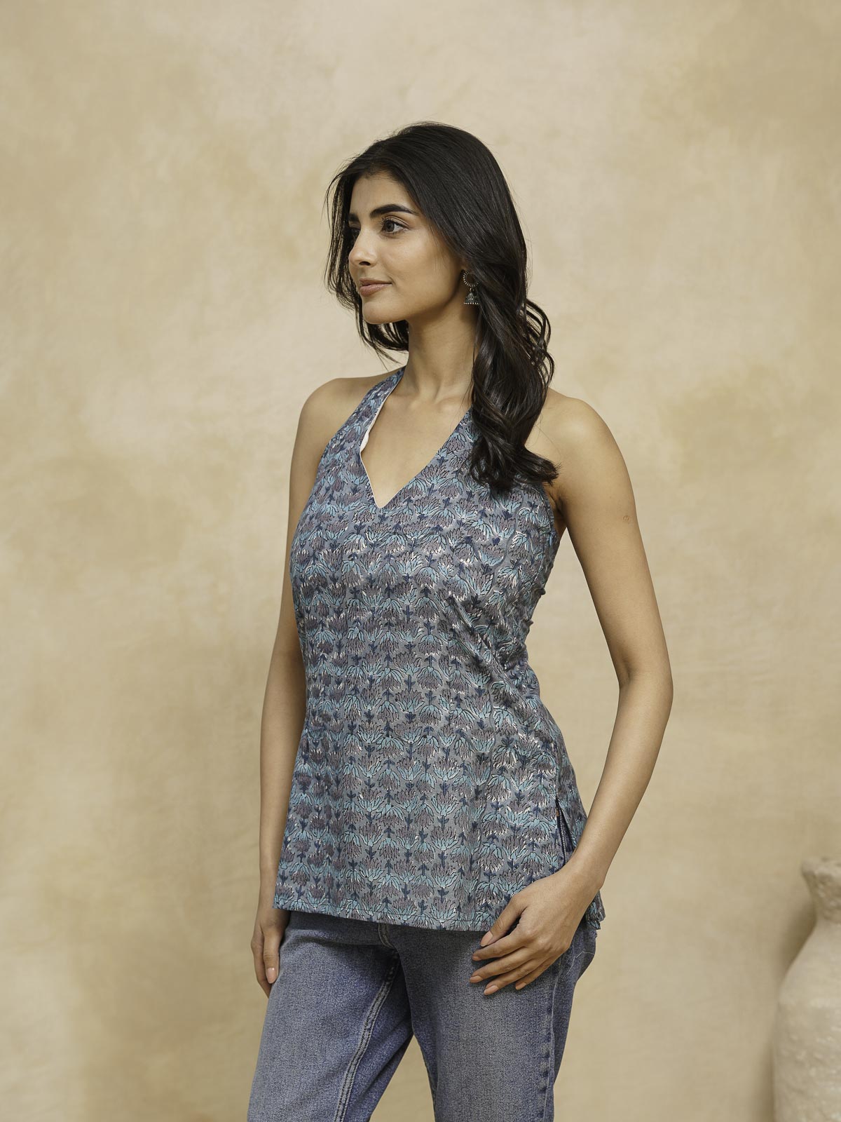 Cotton Printed Stylish Halter Tie-Up Kurti Blue