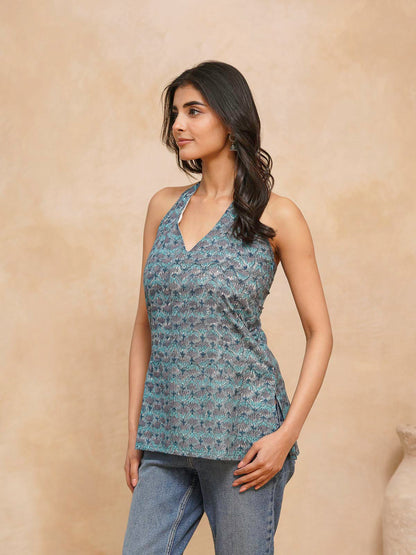 Cotton Printed Stylish Halter Tie-Up Kurti Blue