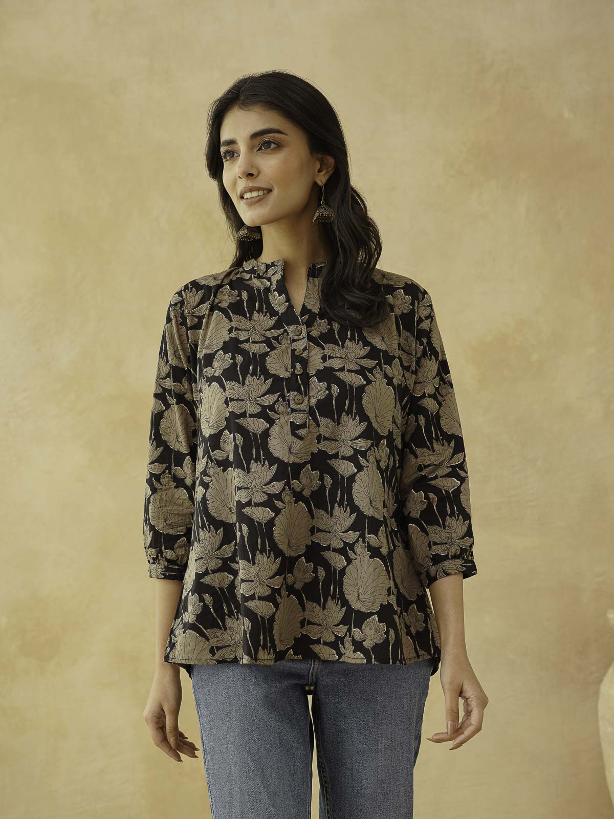 Cotton Printed Everyday Tunic Top For Women Black Grey