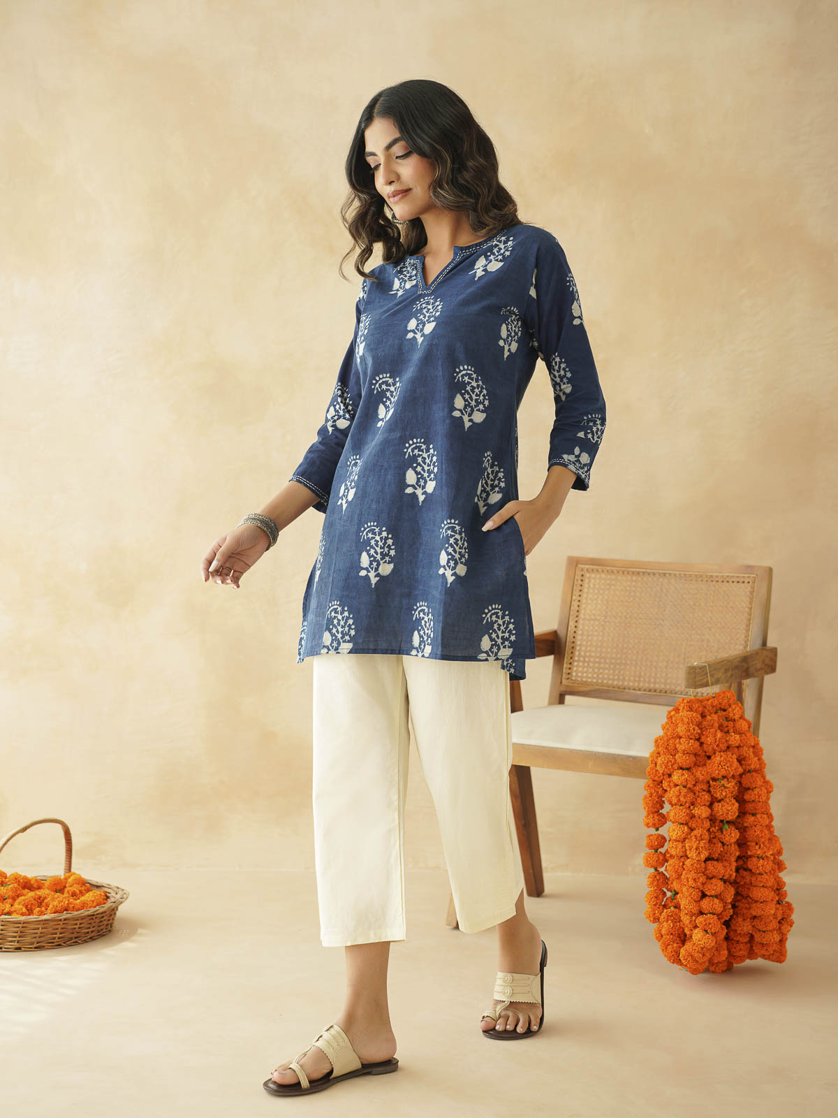 Cotton Printed Kantha Kurta Indigo