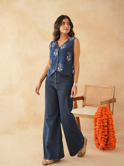 Sleeveless Cotton Block Printed Kothi Top Indigo Boota