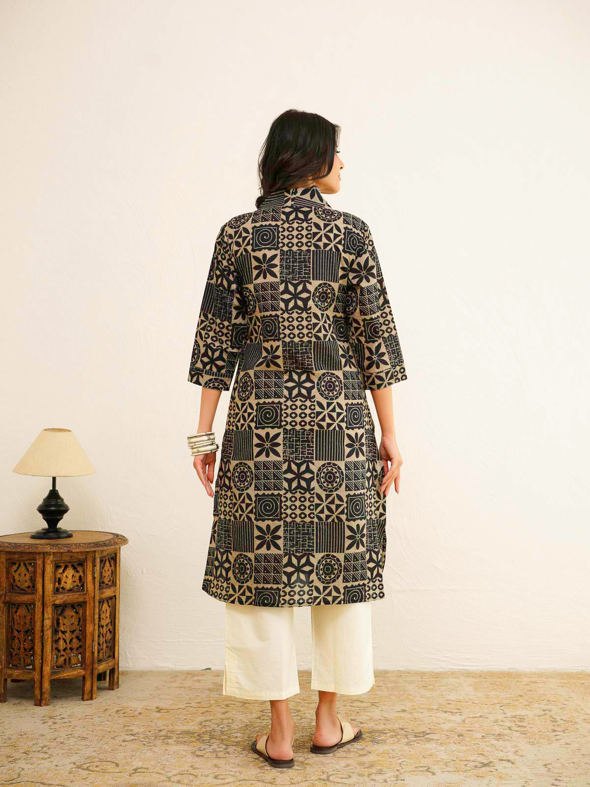 Cotton Printed Straight Kurta Black Coffee