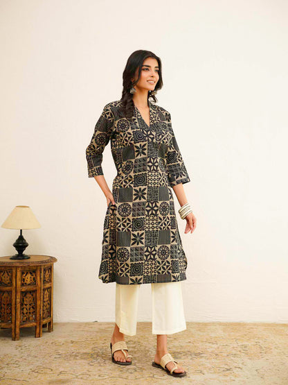 Cotton Printed Straight Kurta Black Coffee
